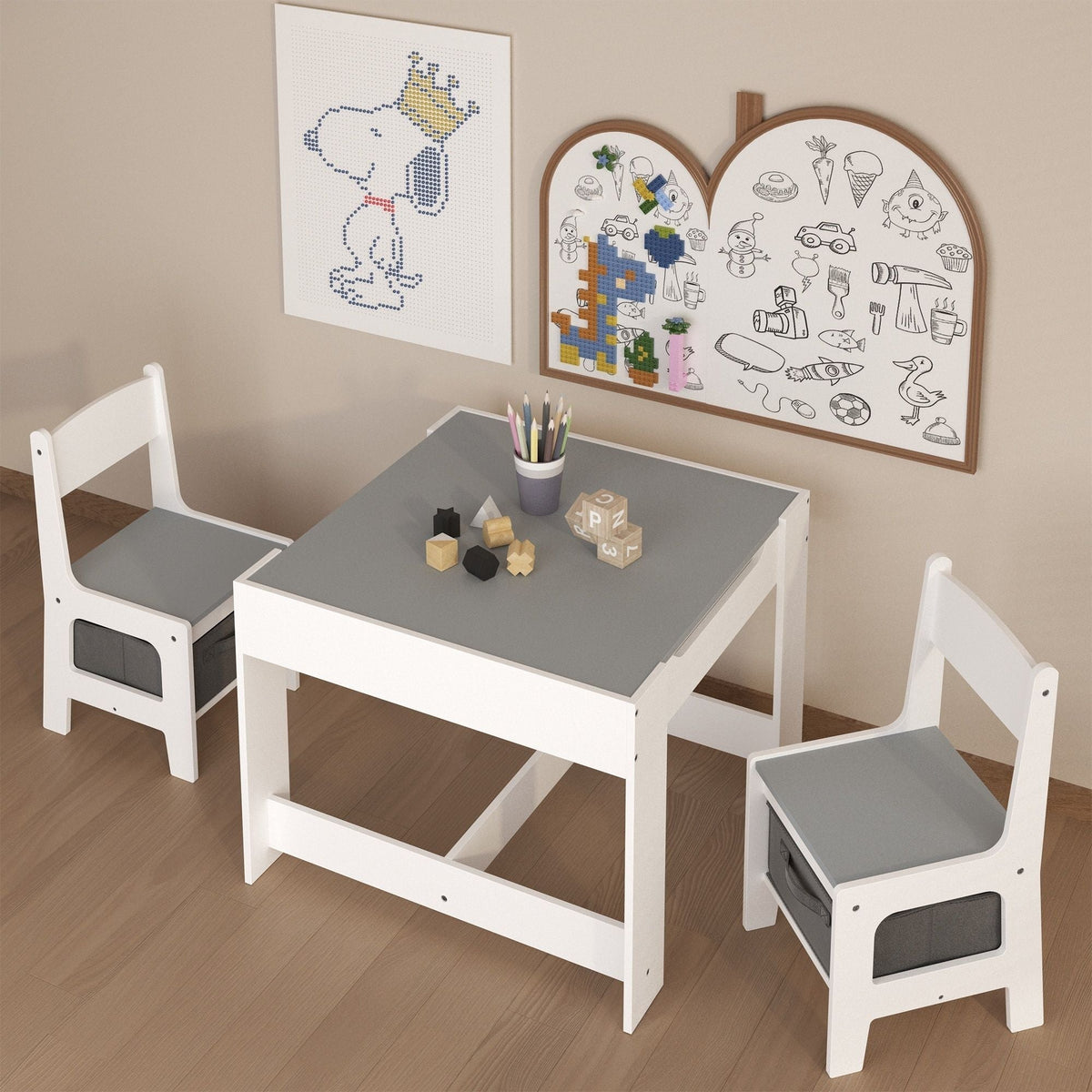 Kids 3-in-1 Activity Table and Chair Set with Storage Drawer - Dark Gray & White