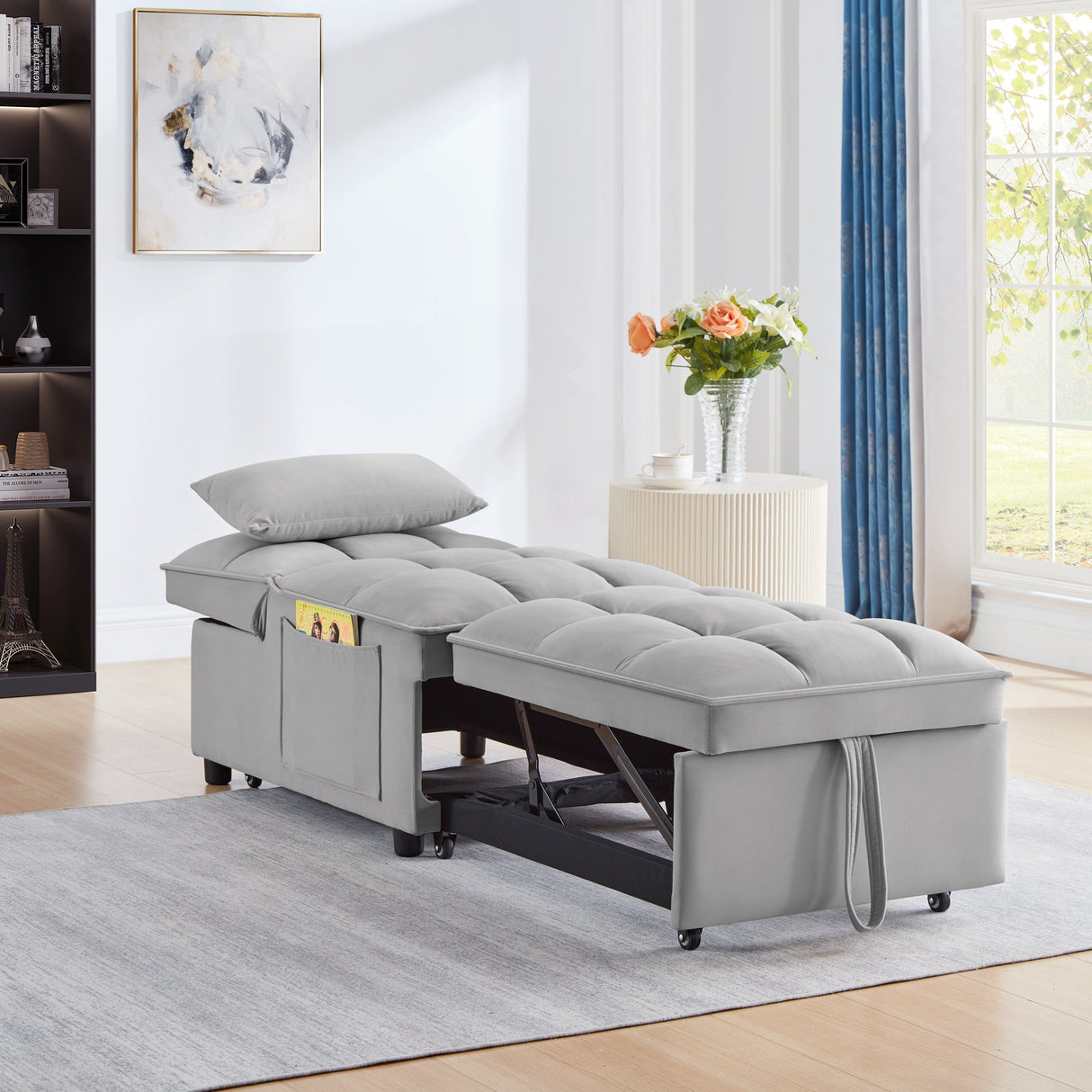 4 in 1 Multi-Function Single Sofa Bed with Storage Pockets - Gray