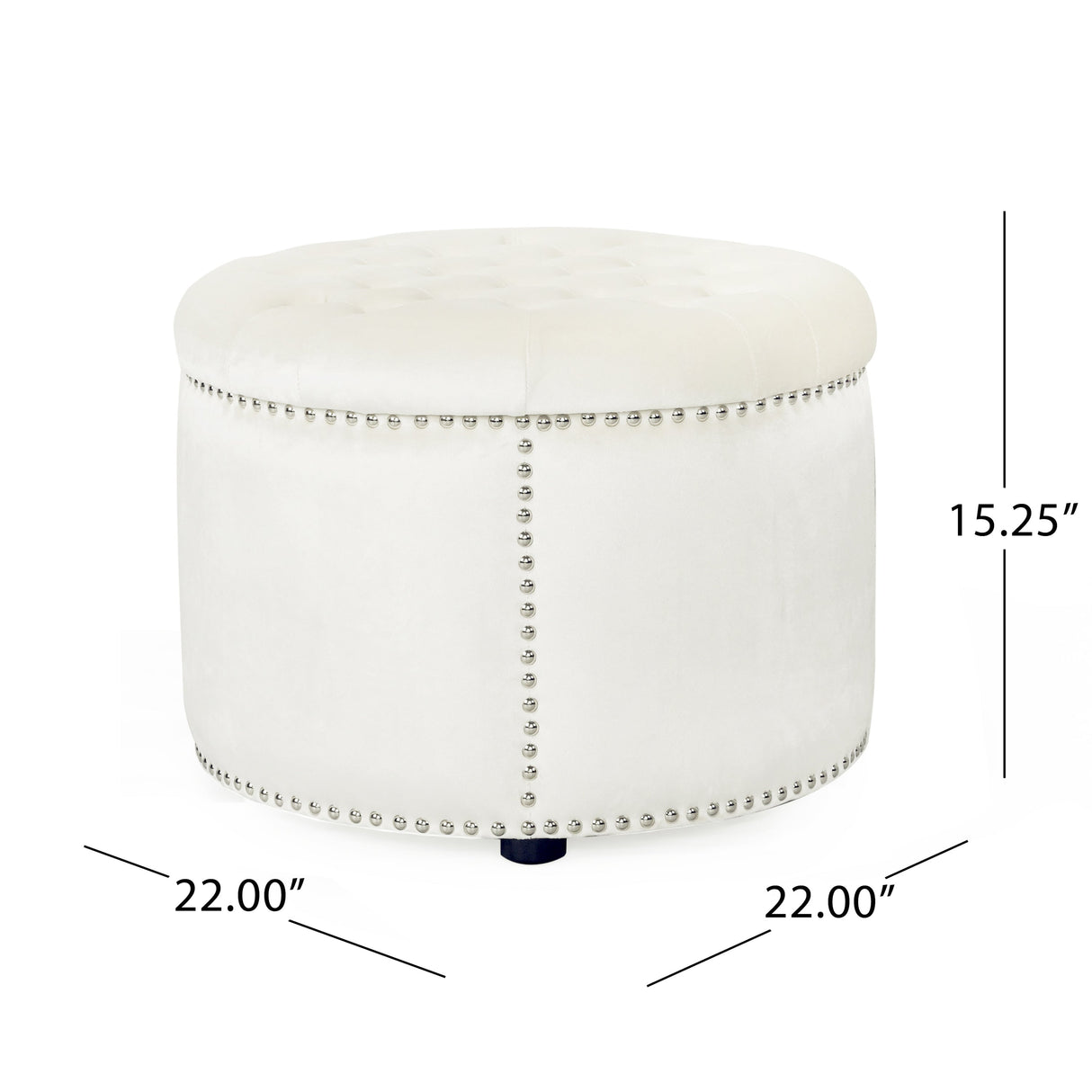 Elegant Round Ottoman with Studded Rim in Beige Velvet