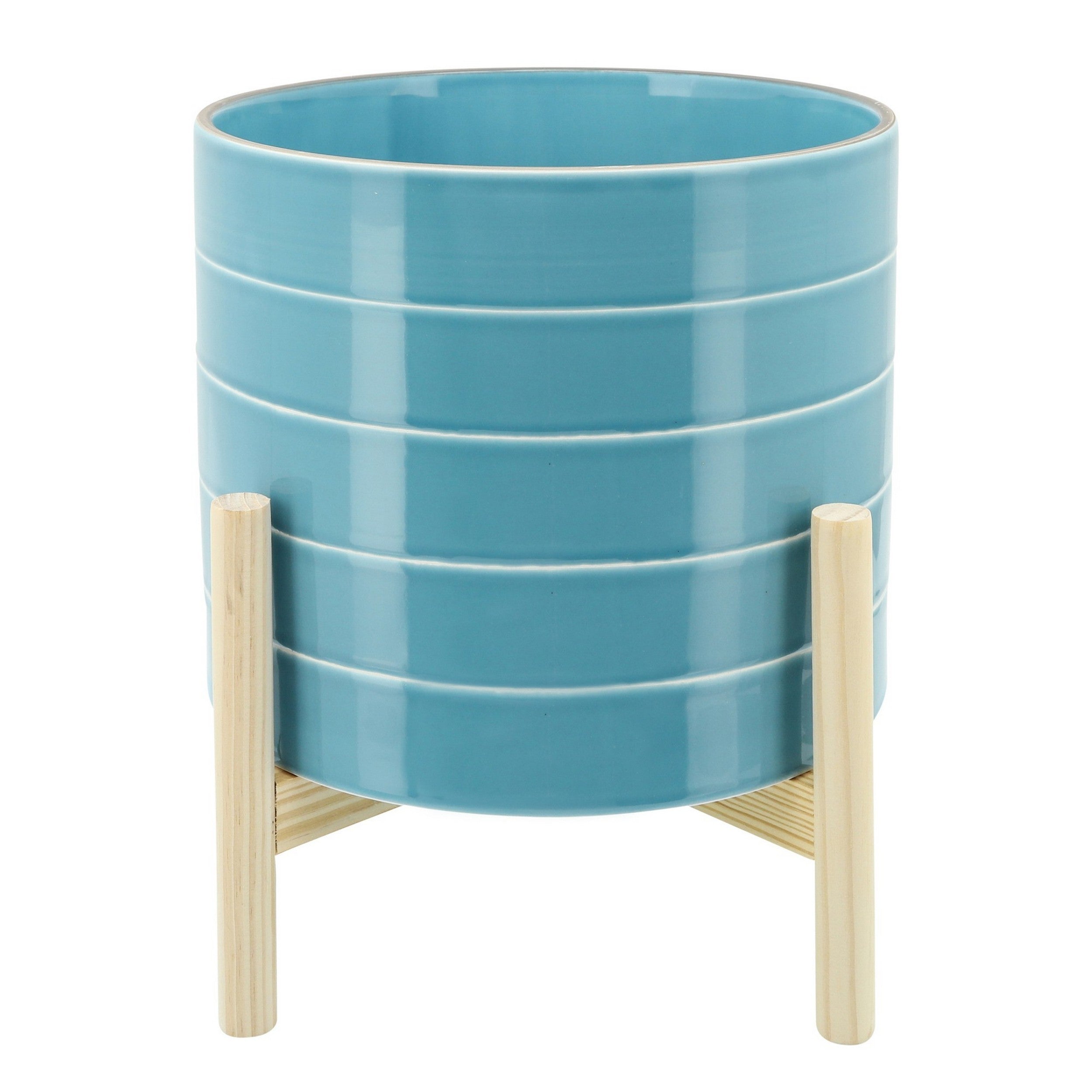 6-Inch-Ceramic-Planter,-Round,-Stripes,-Wood-Stand,-Light-Blue-Pots-&-Planters
