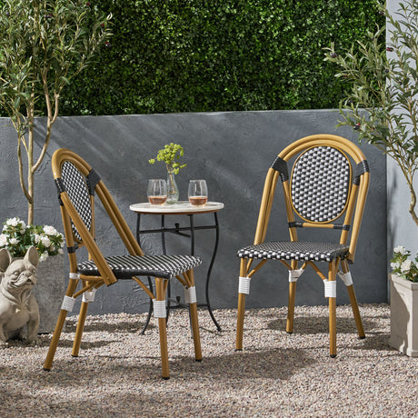 Outdoor-pe-ratten-and-aluminum-french-bistro-chair,-set-of-2,-black-&-white,-bamboo-print-finish-Outdoor-Chairs