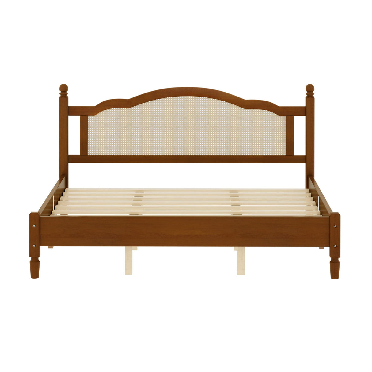 King Size Wooden Platform Bed with Rattan Headboard