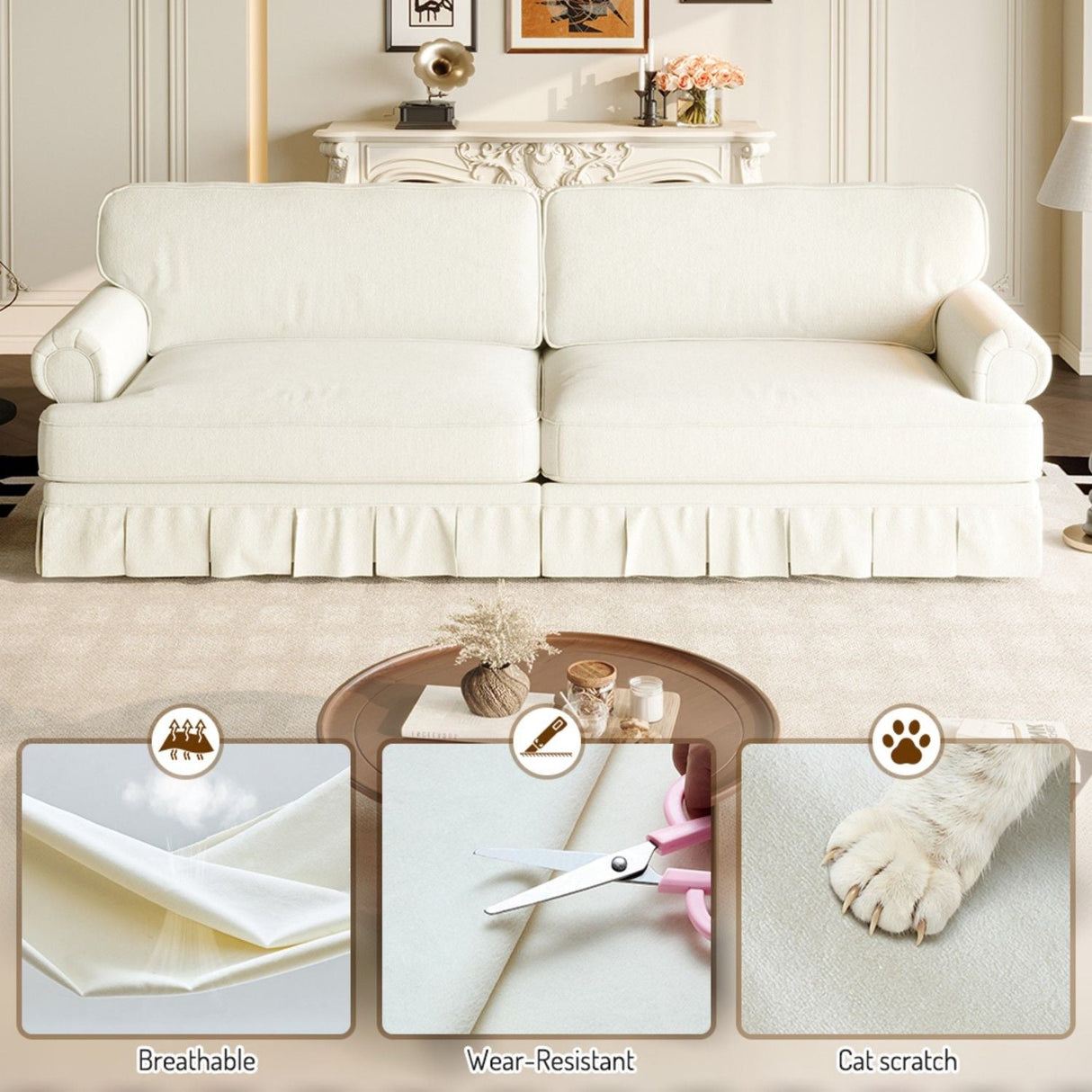 Luxuriously Comfortable Cloud Couch Sofa With Elegant Rolled Arms & Pleated Skirt Design
