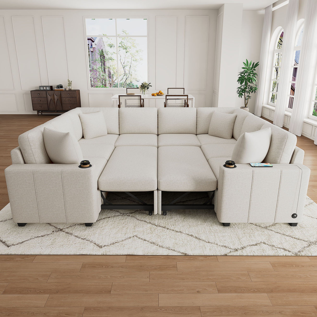 Modern U-Shaped Sectional Sofa Convertible Pull-Out Sofa Bed With USB Ports And Cup Holders