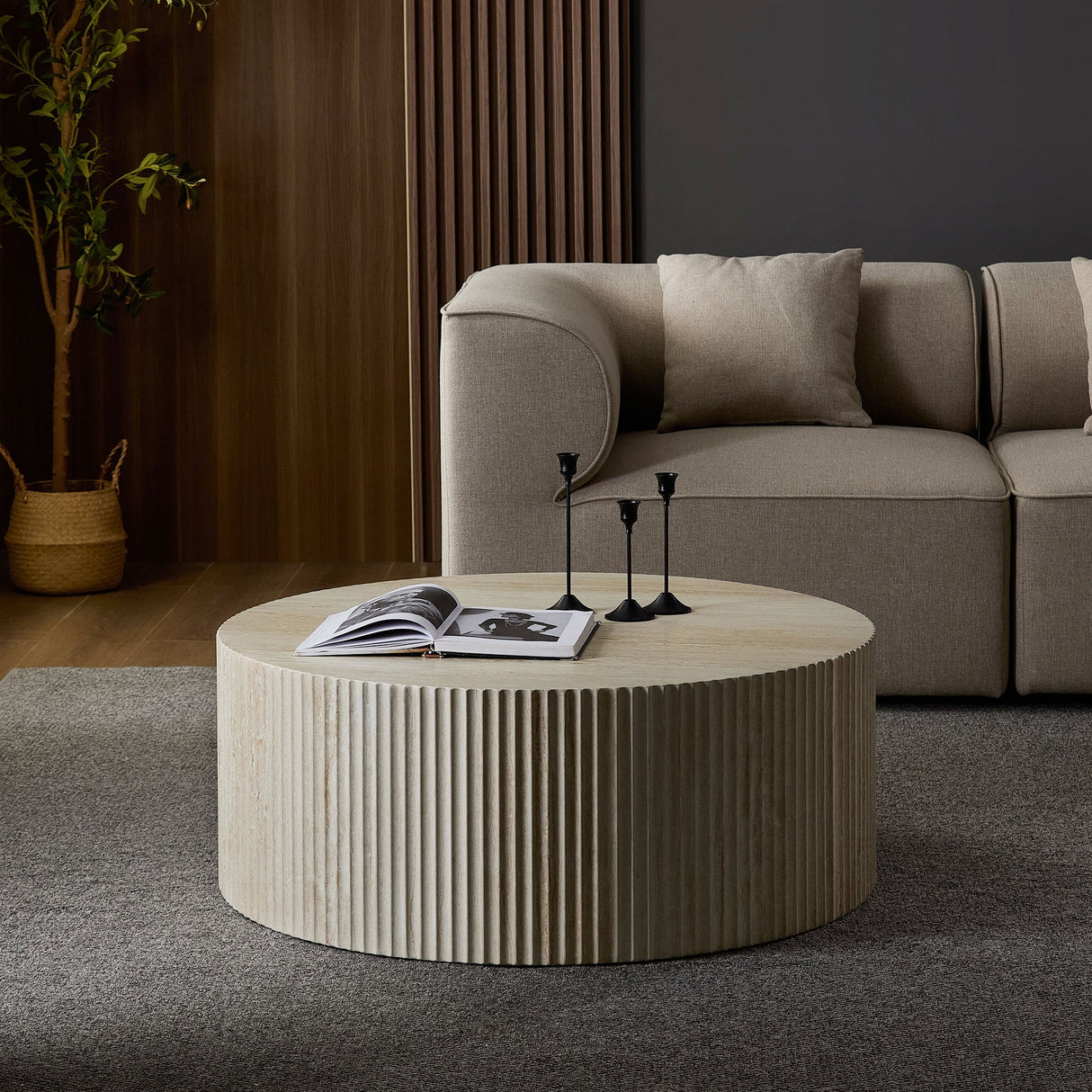 Faux Travertine Round Coffee Table with Eye-Catching Relief Design