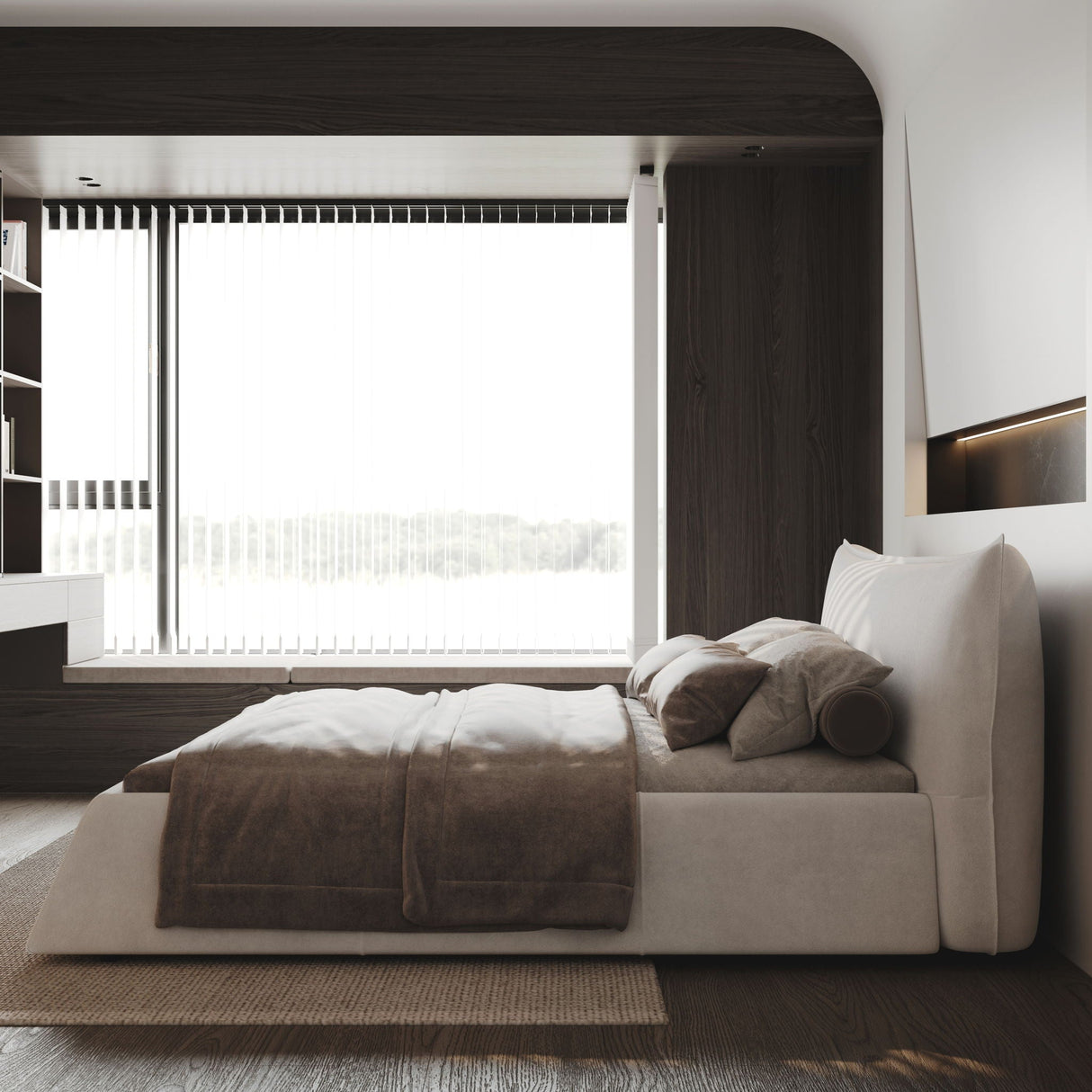 King Size Platform Bed With Special-Shaped Headboard - Cream