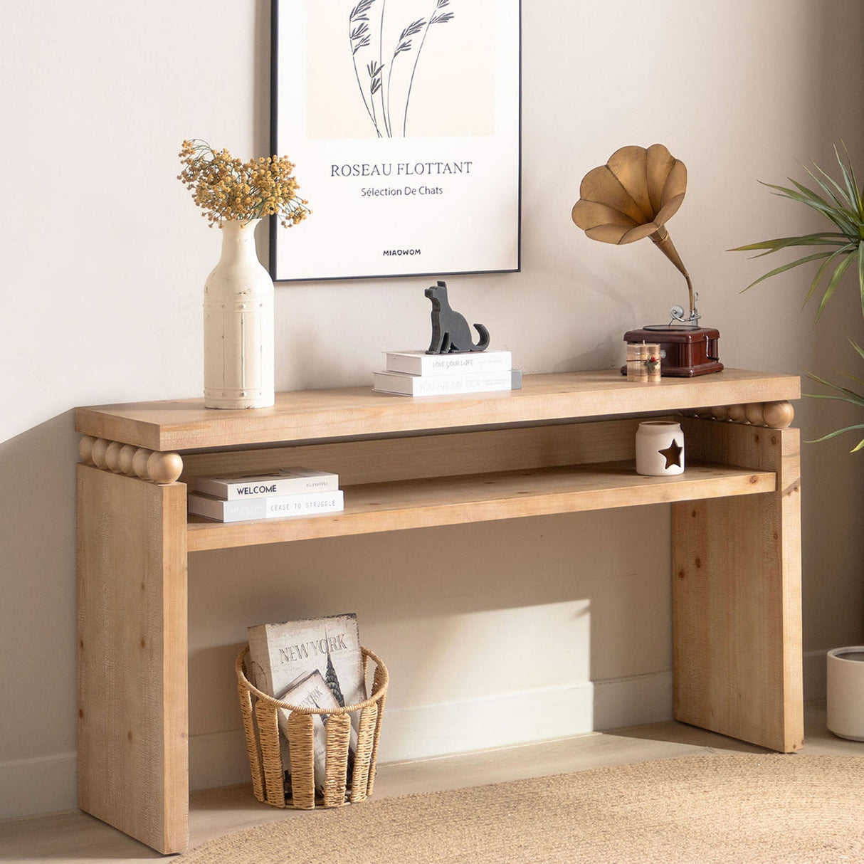 Modern Rustic Console Table – 59” Wood Entryway Table with Shelf & Decorative Bead Detail