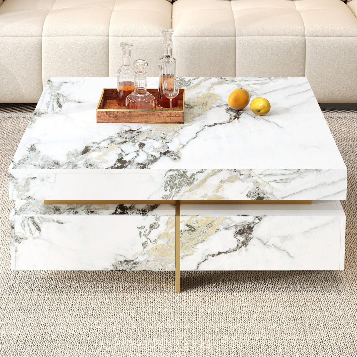 Modern Square Marble Textured Coffee Table with 4 Drawers