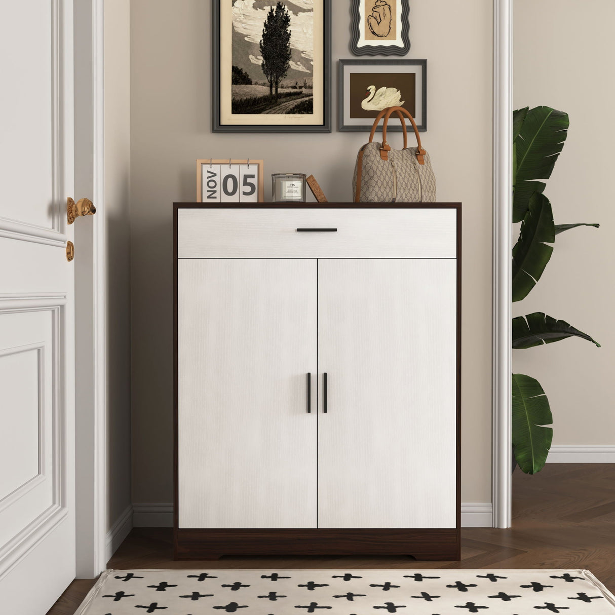 Freestanding Wooden Shoe Cabinet, 4 Tier Organizer With Drawer