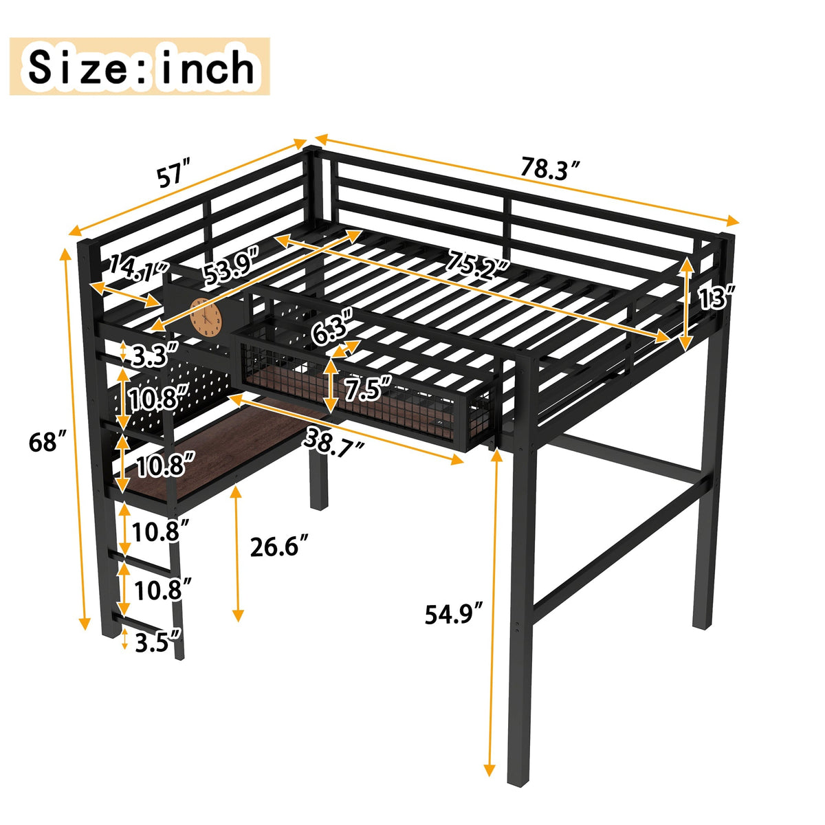 Full Size Loft Bed Frame with Desk and Charging Port