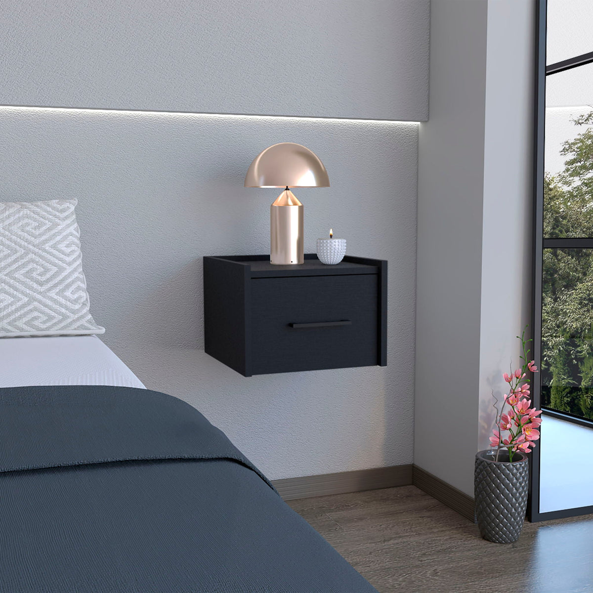Floating Nightstand, Space Saving Design With Handy Drawer And Surface - Black