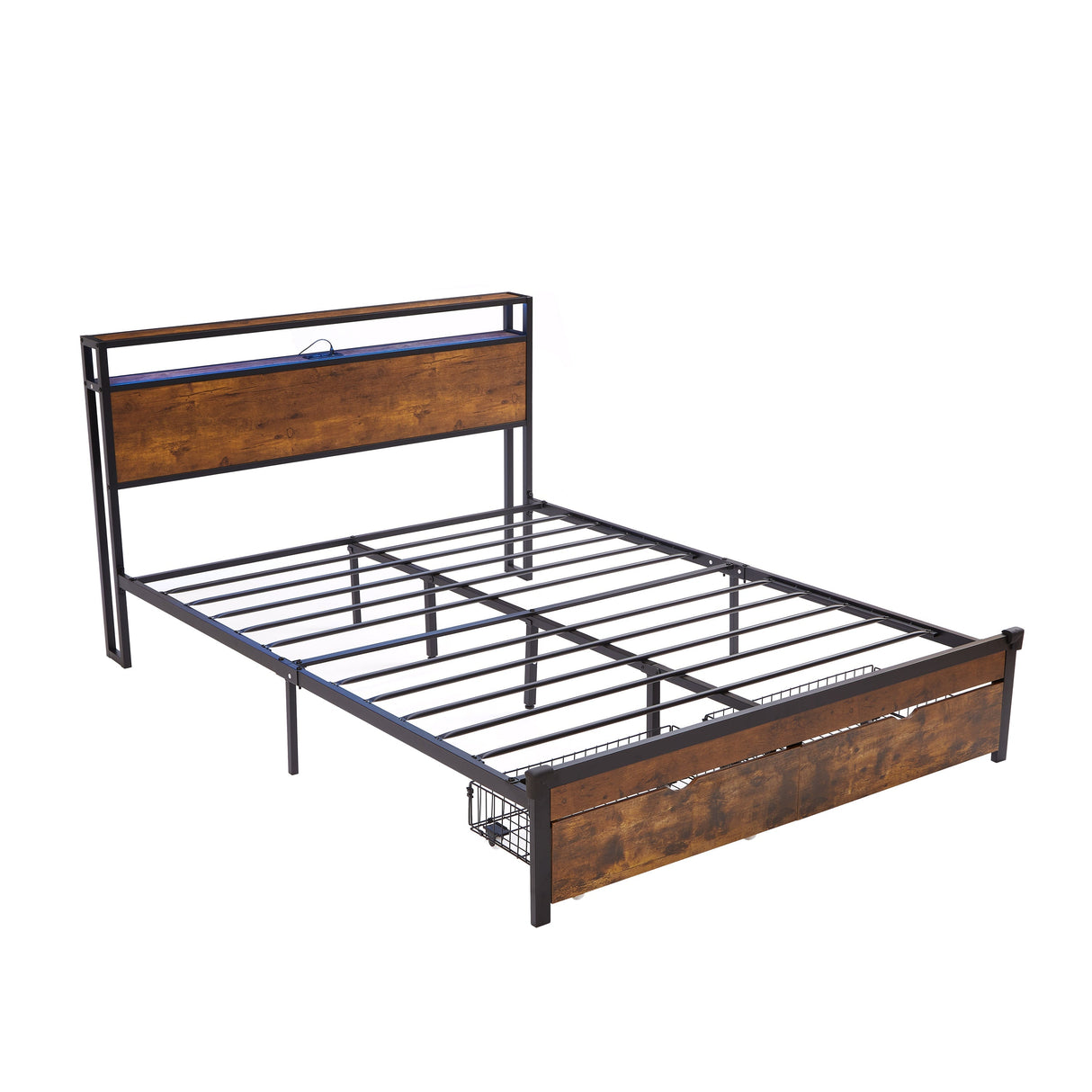 Modern King Size Metal Platform Bed Frame with Wooden Headboard