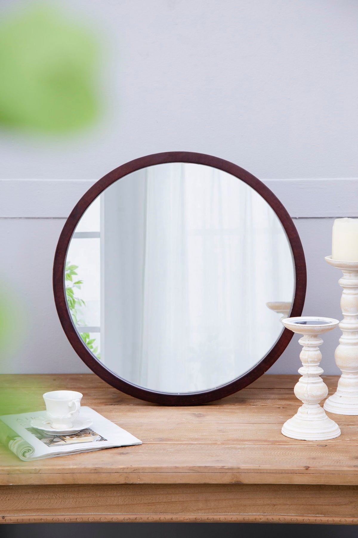 Circle Wall Mirror with Wooden Frame - Black, Light Brown, Dark Brown