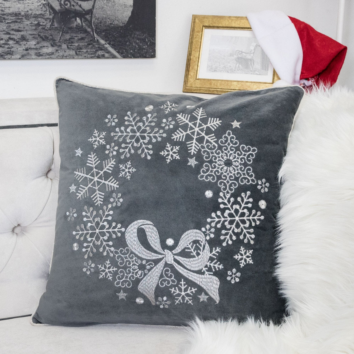 Gray Velvet Holiday Throw Pillow with Snowflake Wreath Embroidery