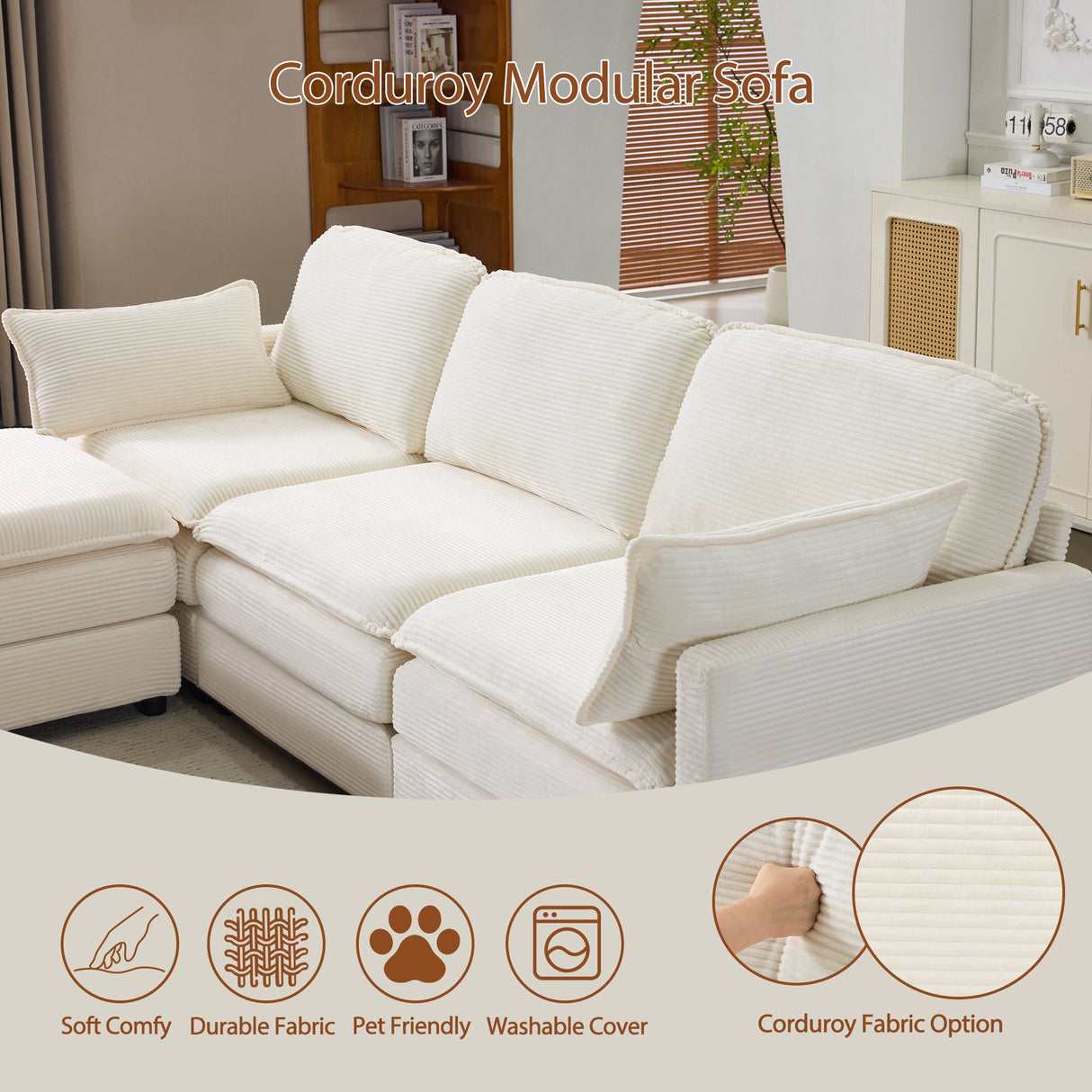 104" Plush Cloud 3 Seater Sofa: Modular Design with Ottoman