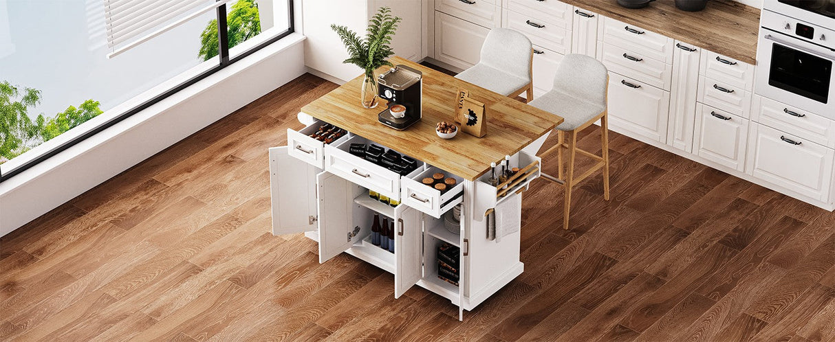 K&K 54-Inch Large Kitchen Island with Rubber Wood Drop Leaf