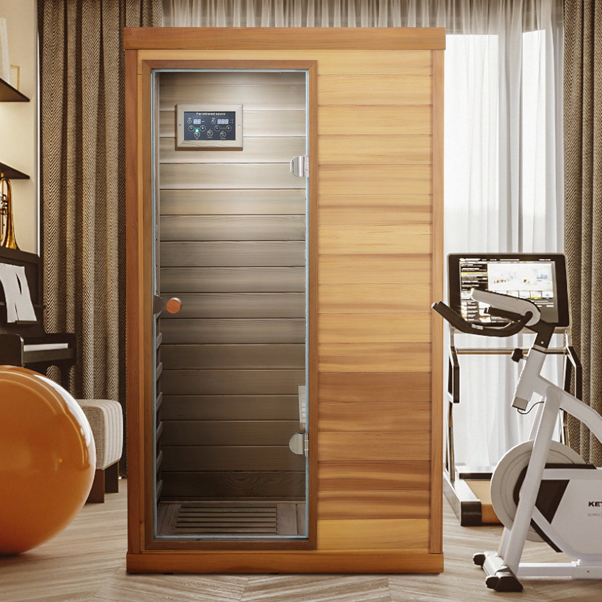 Red Cedar Mini One Person Far Infrared Indoor Sauna Room with Left Glass Door, Natural Wood & Caramel