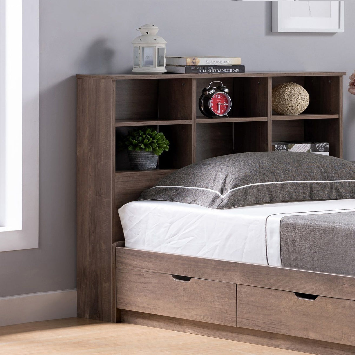 Bookcase Headboard 6 Shelves 3 Shelves Adjustable Top Panel Rounded Corners