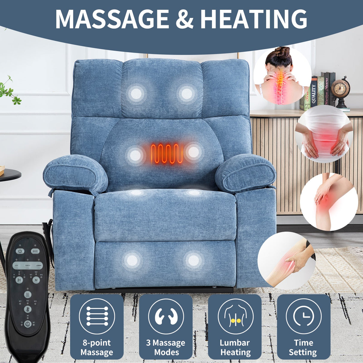 Blue Heat Massage Dual Motor Lift Recliner Chair