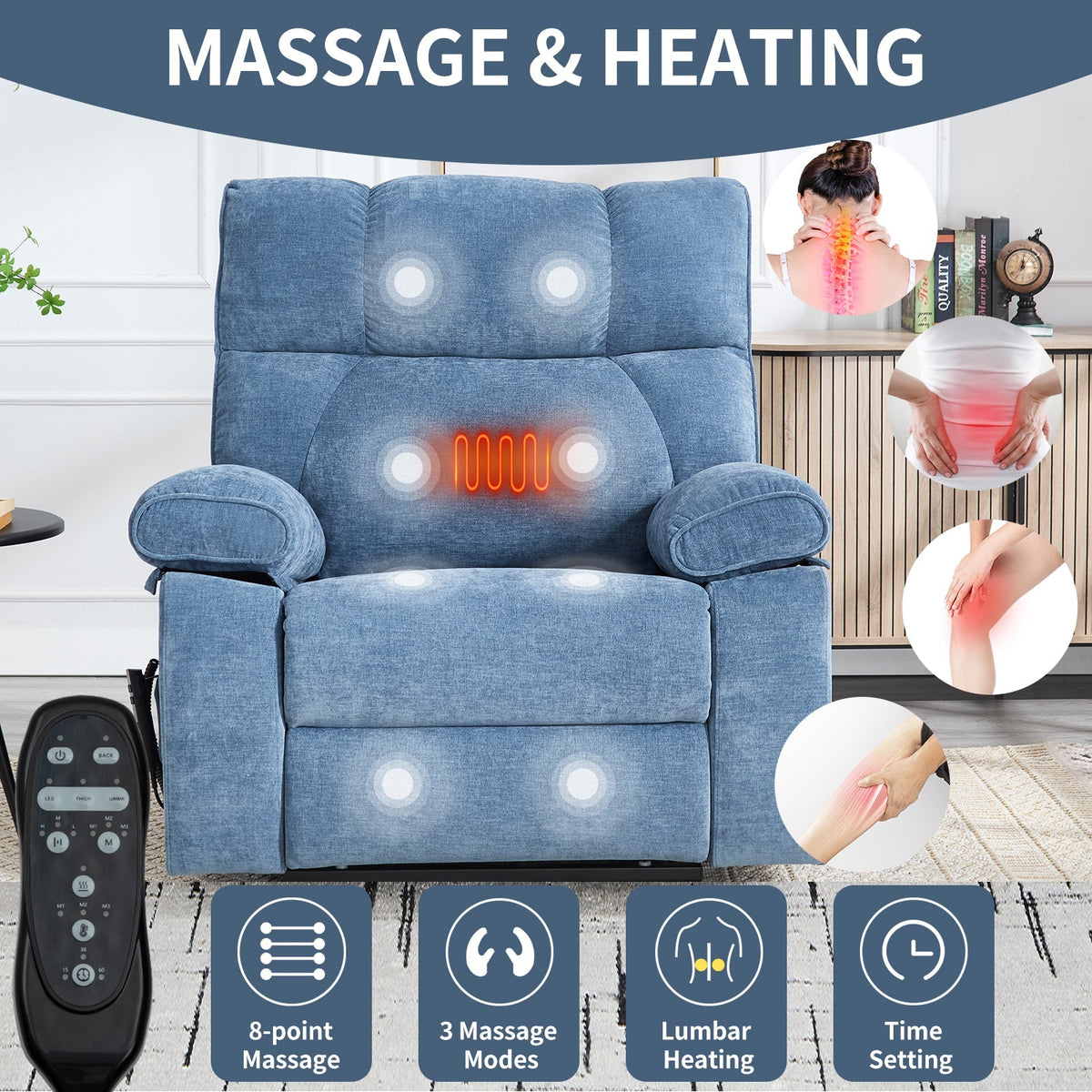 Blue Heat Massage Dual Motor Lift Recliner Chair with Electric Heat - Blue