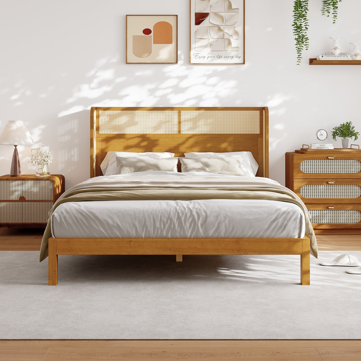 Premium Rubber Wood Platform Queen Bed Frame with Headboard