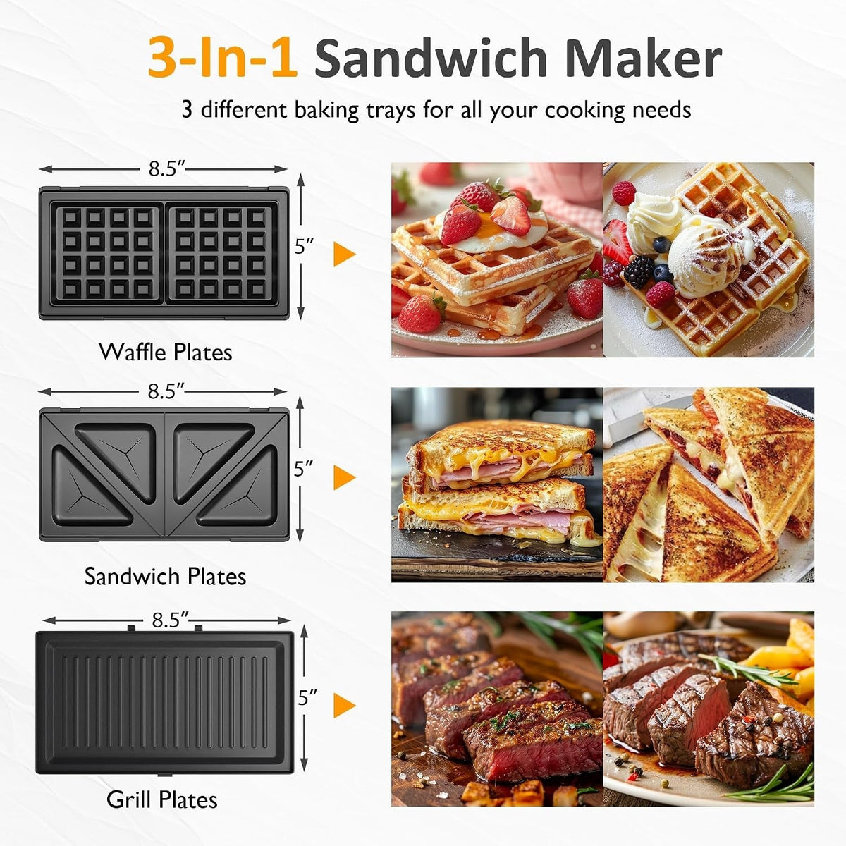 3 in 1 Electric Sandwich Maker with Removable Nonstick Plates
