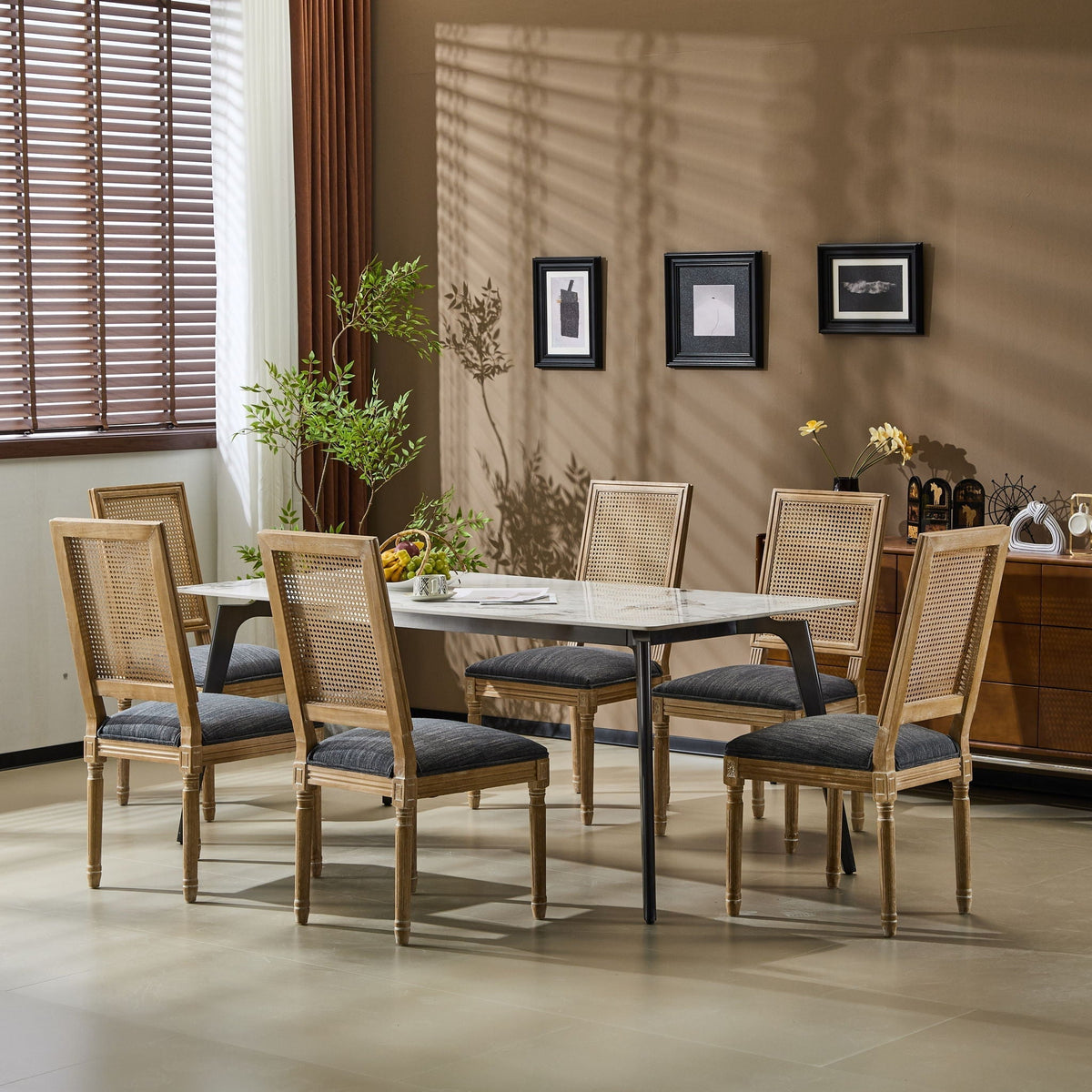 French Country Dining Chair With Rectangular Cane Backrest And Smooth Upholstered Seating