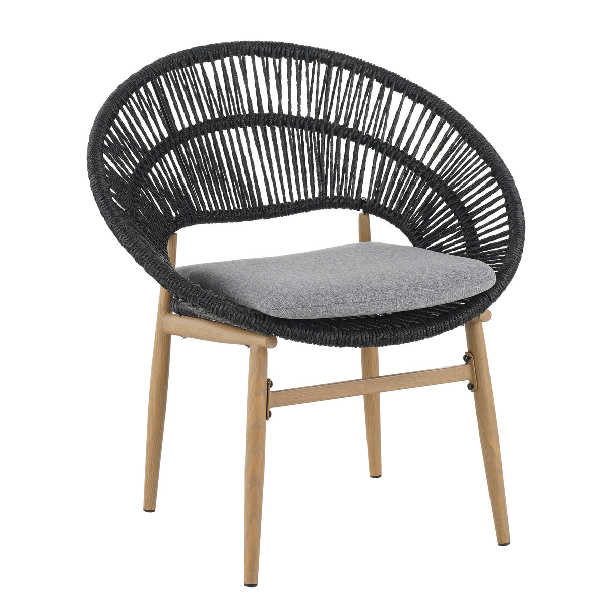Cyril Outdoor Wicker Papasan Style Dining Chair with Teak Finished Leg and Dark Gray Faux Rattan - Set of 2
