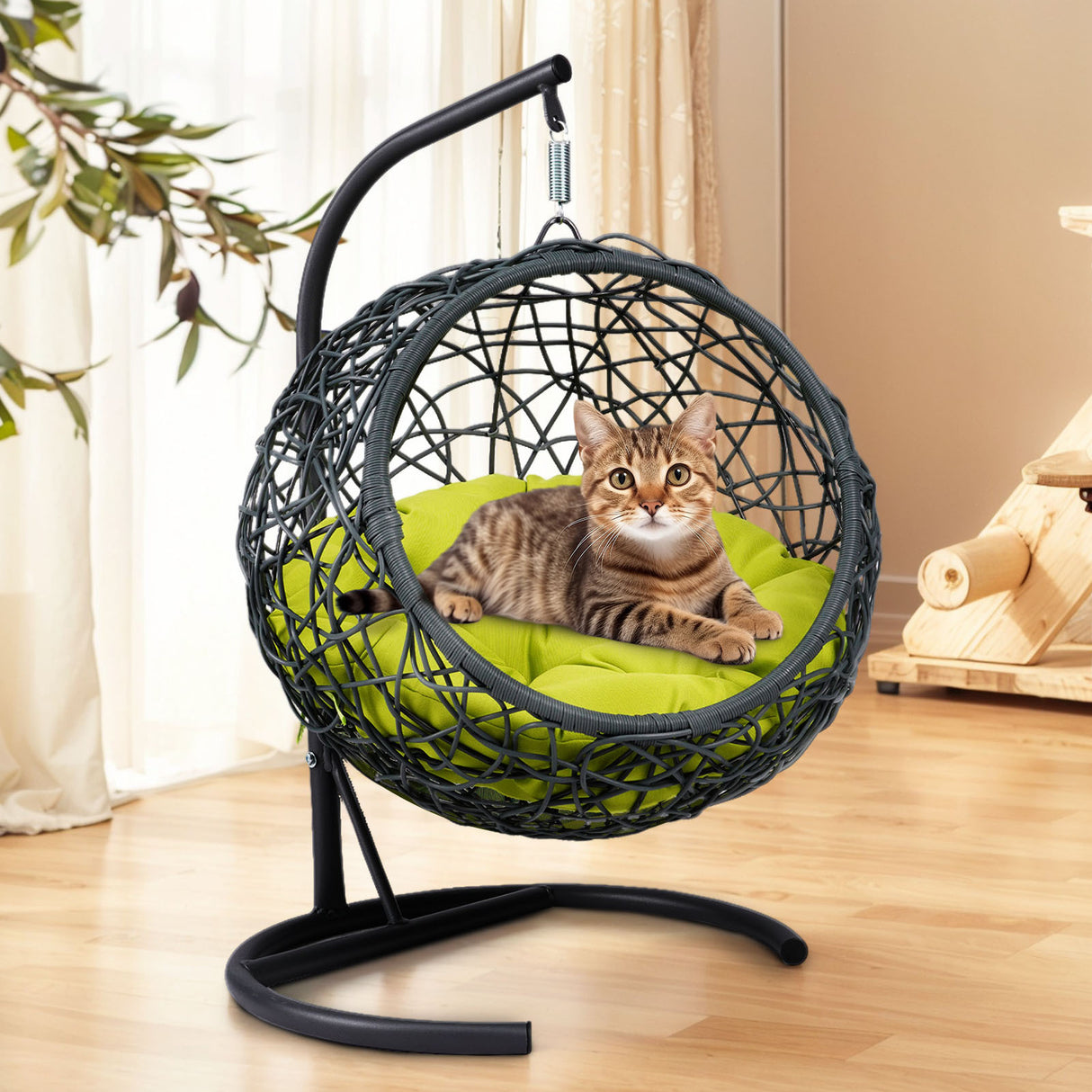 Cat-Swing-Bed-with-Stand-&-Cushion,-Cat-Egg-Chair-with-Rattan-Wicker-Appearance-Pet-Bed