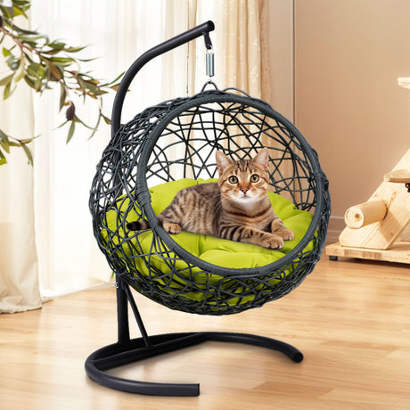 Cat-Swing-Bed-with-Stand-&-Cushion,-Cat-Egg-Chair-with-Rattan-Wicker-Appearance-Pet-Bed