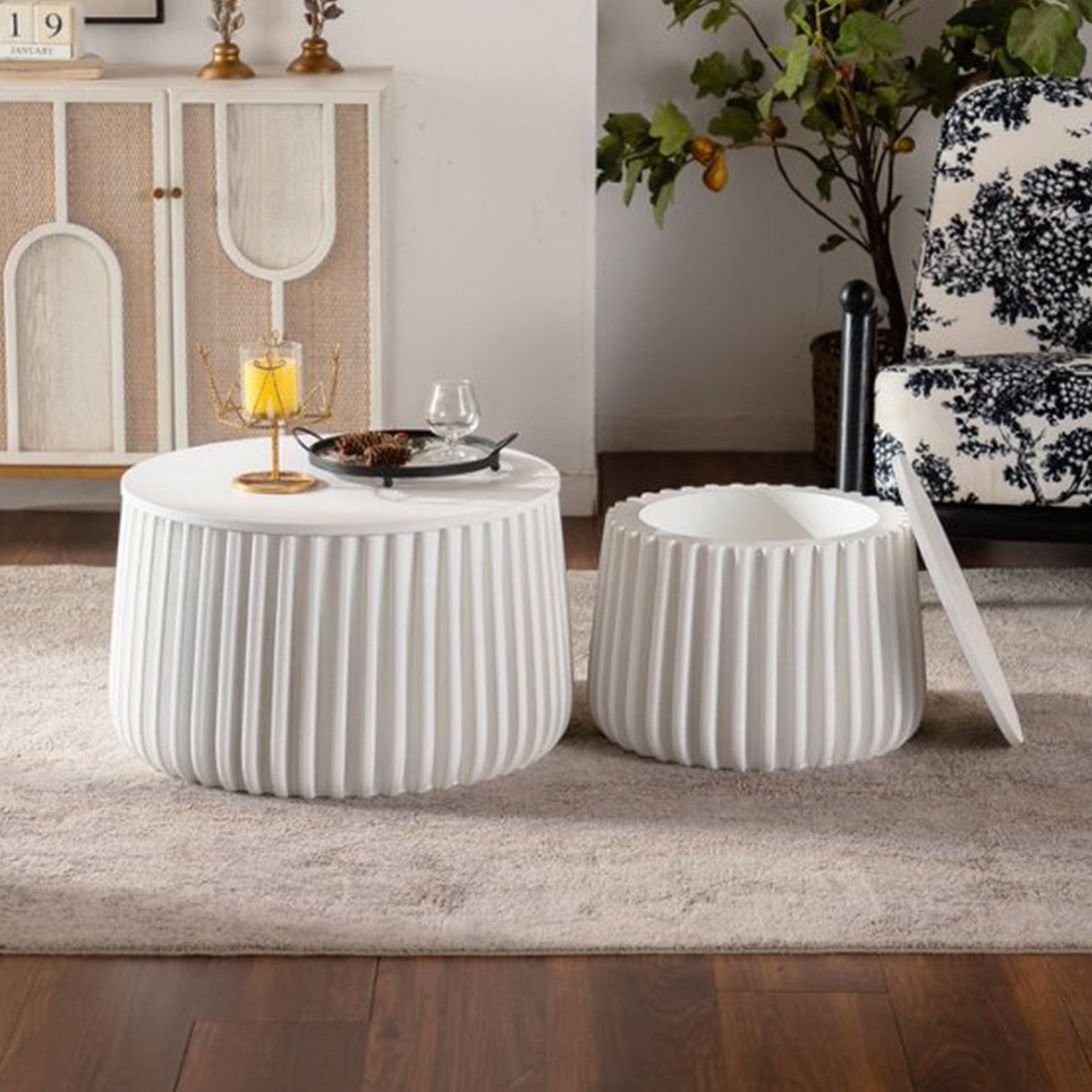 White Round Storage Table Set with Lift-Off Lid