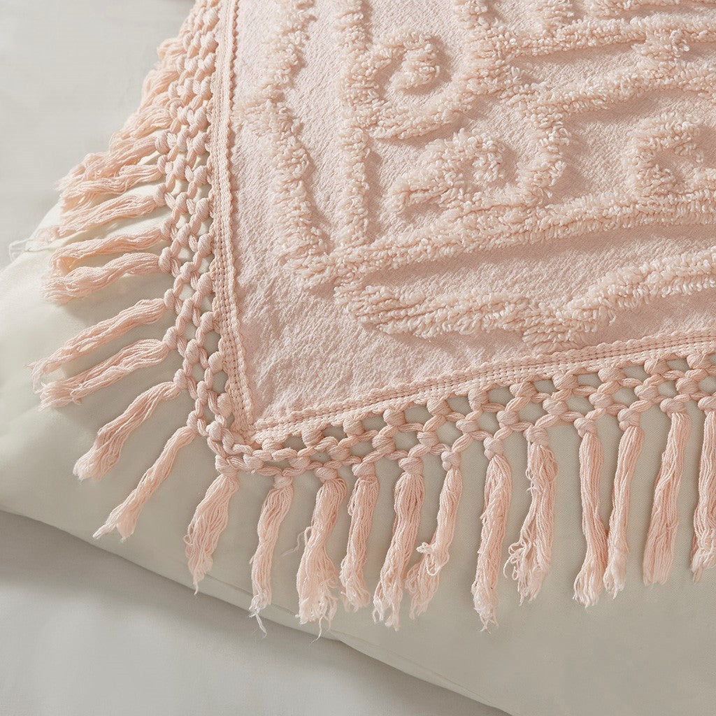 Tufted Cotton Chenille Medallion Fringe Coverlet Mini Set Blush Full/Queen