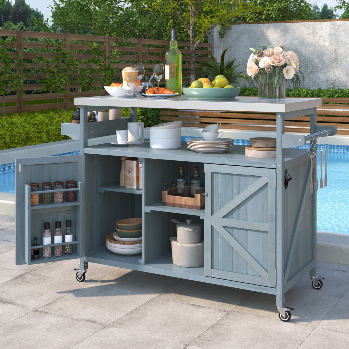 Outdoor kitchen island, solid wood outdoor grill table with stainless steel top