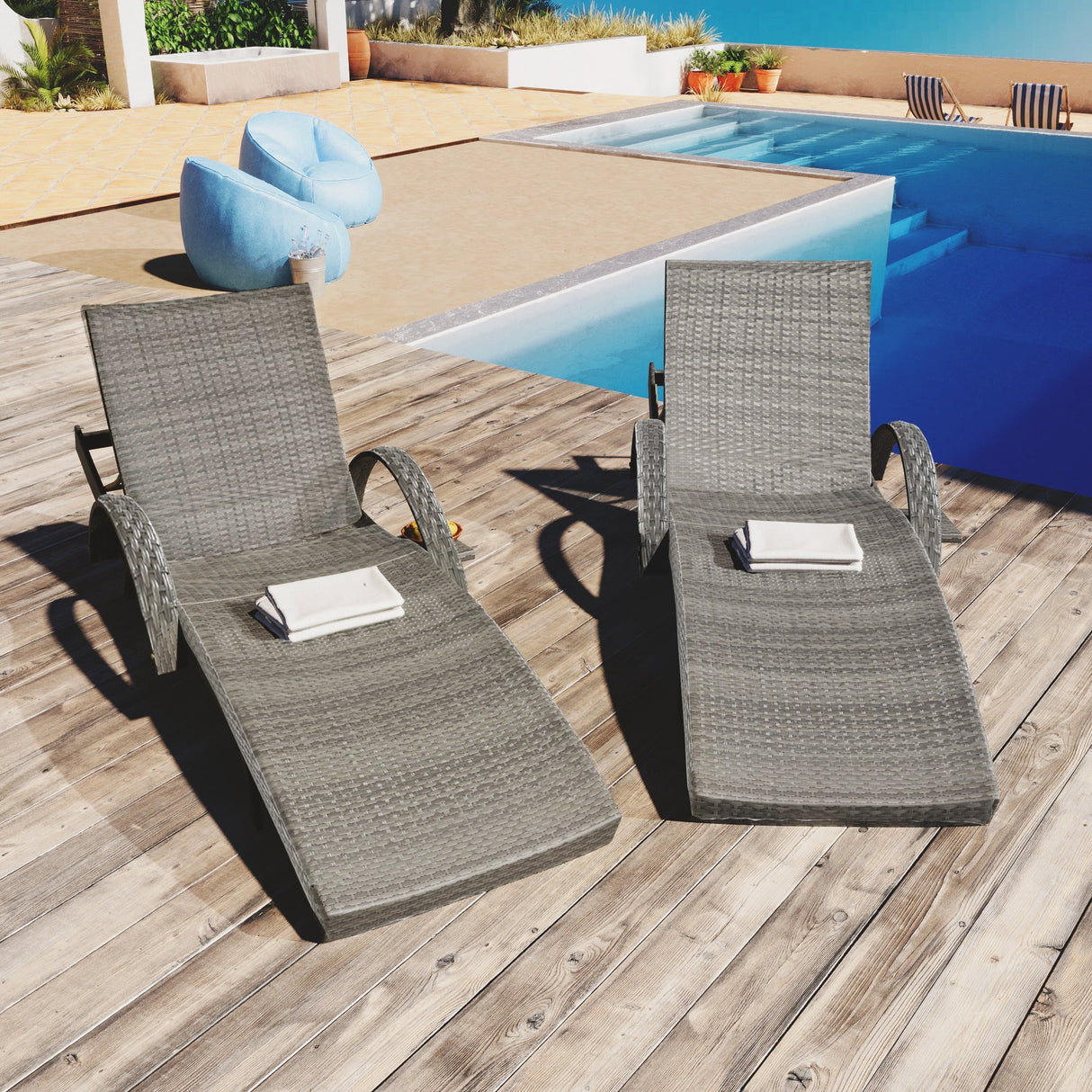 K&K 80'' Outdoor Wicker Chaise Lounge Chairs Set of 2