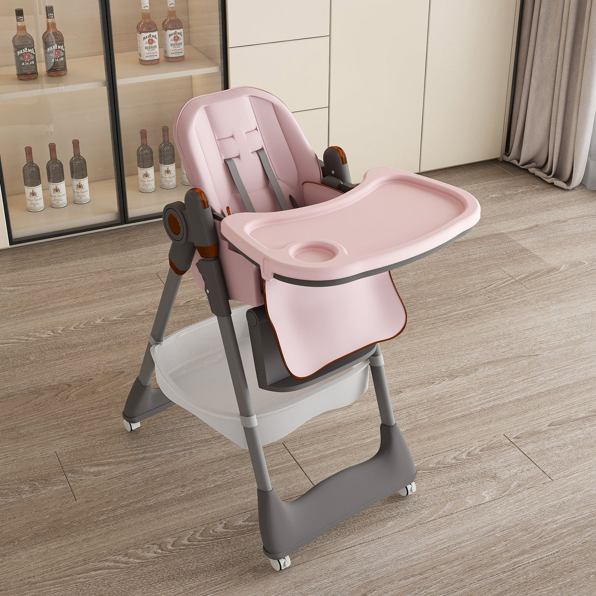 Adjustable Baby High Chair 0-6 Years, Portable Infant Feeding Seat With Safety Belt, Silent Lockable Wheels