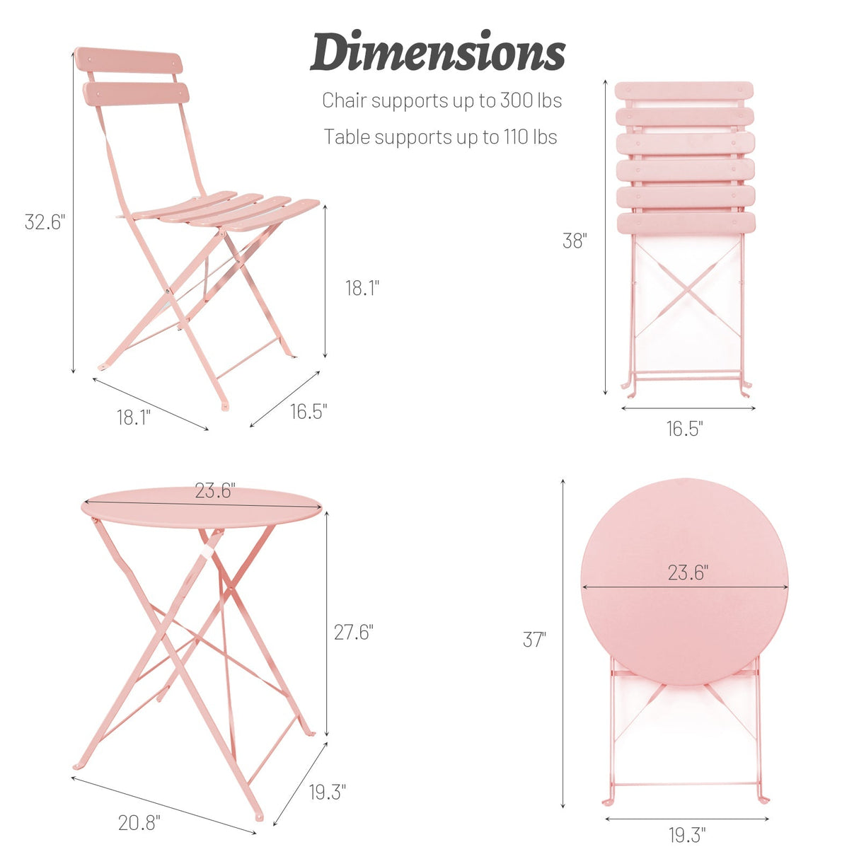 3 Pieces Patio Bistro Balcony Metal Chair Table Set - Pink