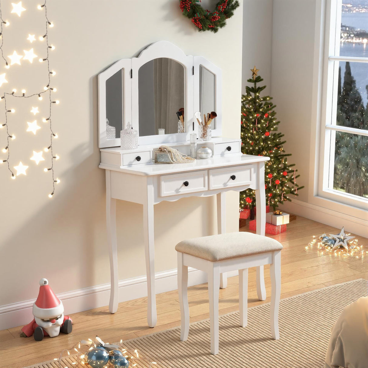 Sanlo Wooden Vanity Makeup Table and Stool Set