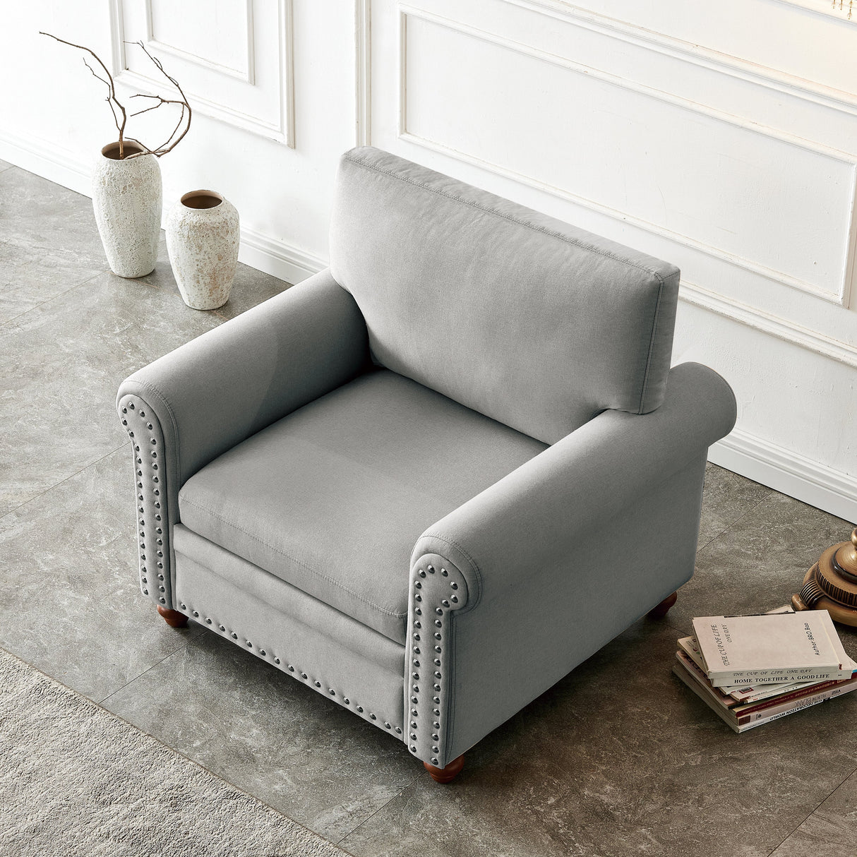 Living Room Single Seat Sofa Chair with Wood Legs in Grey Fabric