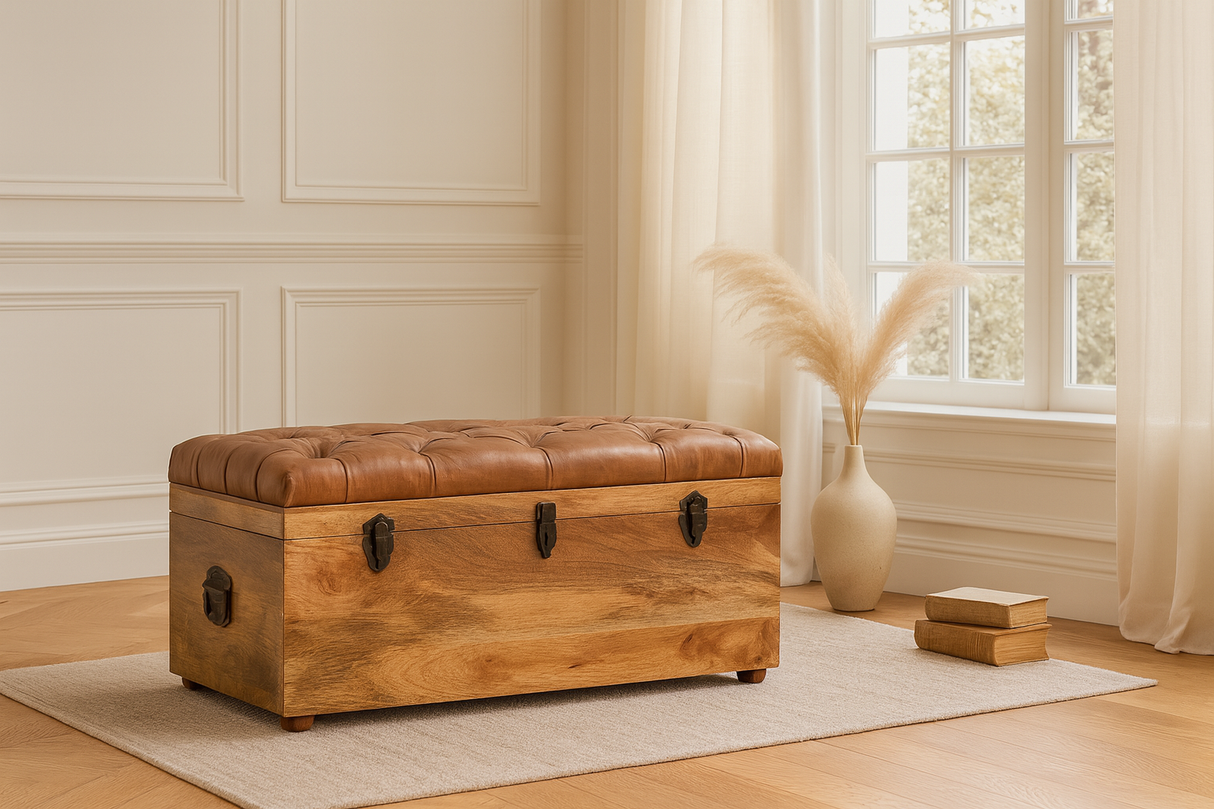 Solid Wood Buffalo Hide Oak-ish Storage Trunk, Leather Upholstered