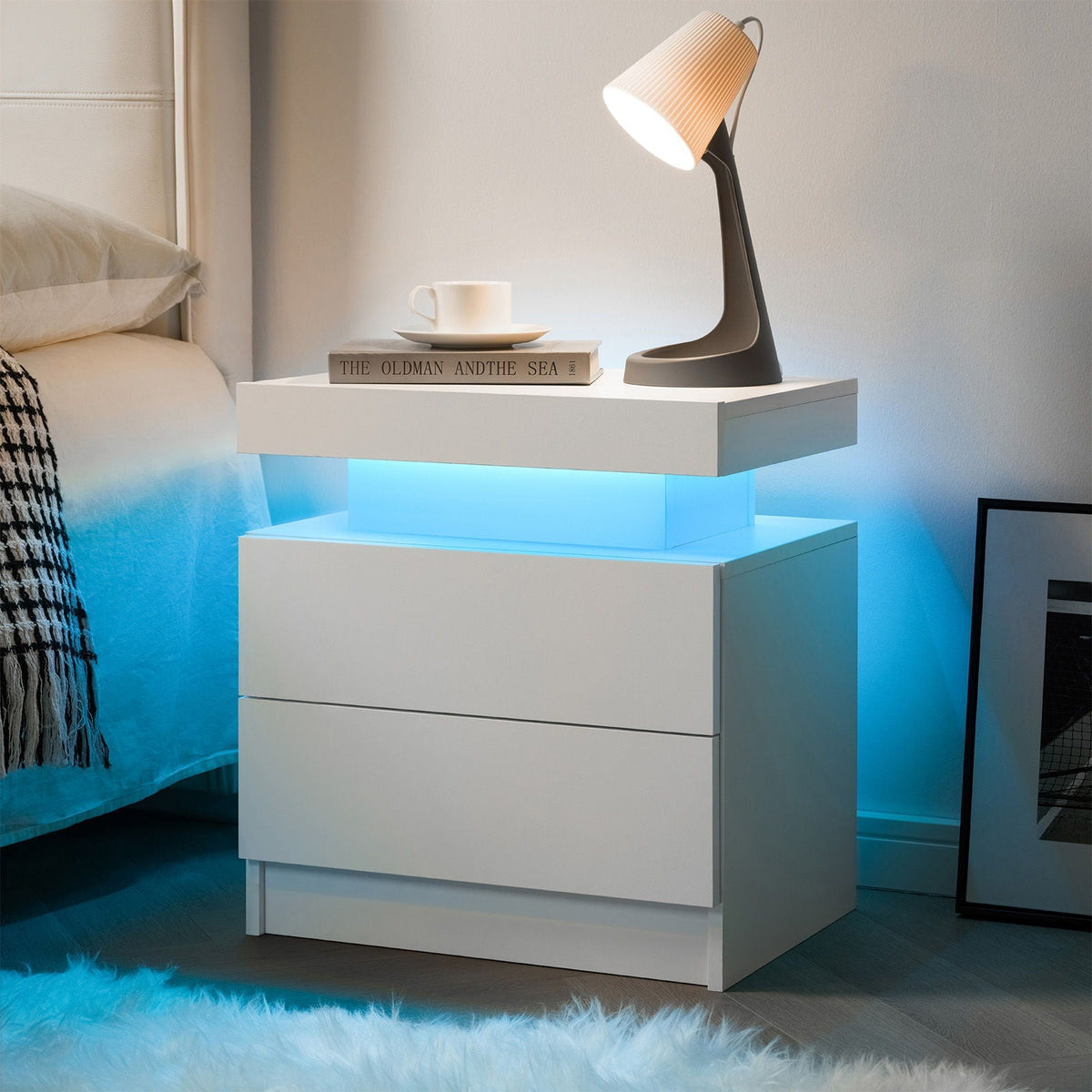 Modern LED Bedside Table Cabinet With Adjustable Lights And 2 Drawers - White