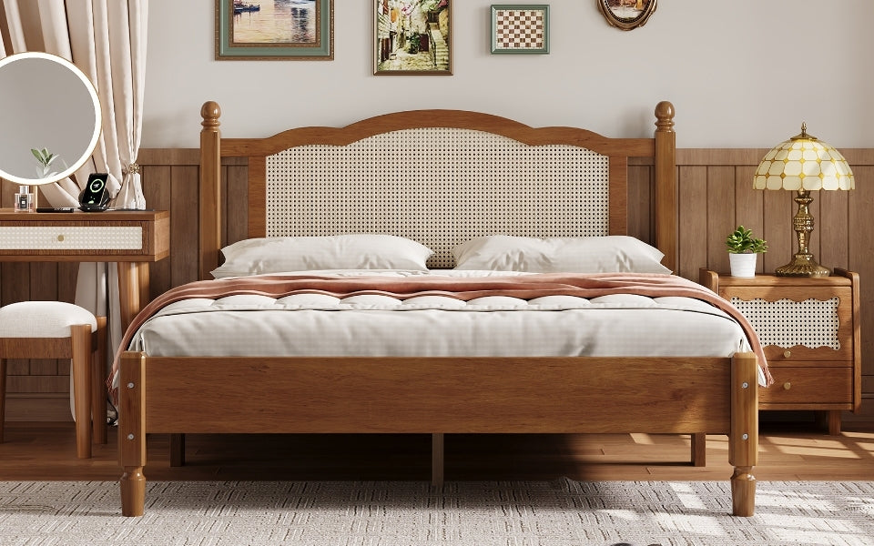 Queen Size Wooden Platform Bed with Natural Rattan Headboard