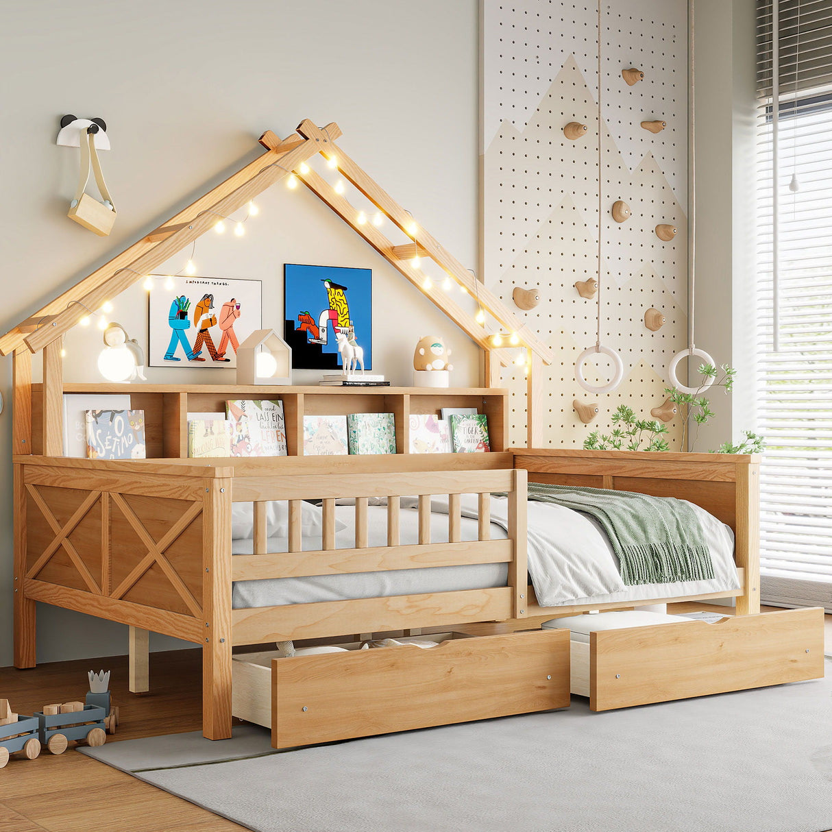 House Style Platform Bed With LED Lights, Storage Shelves, Drawers, And Guardrail