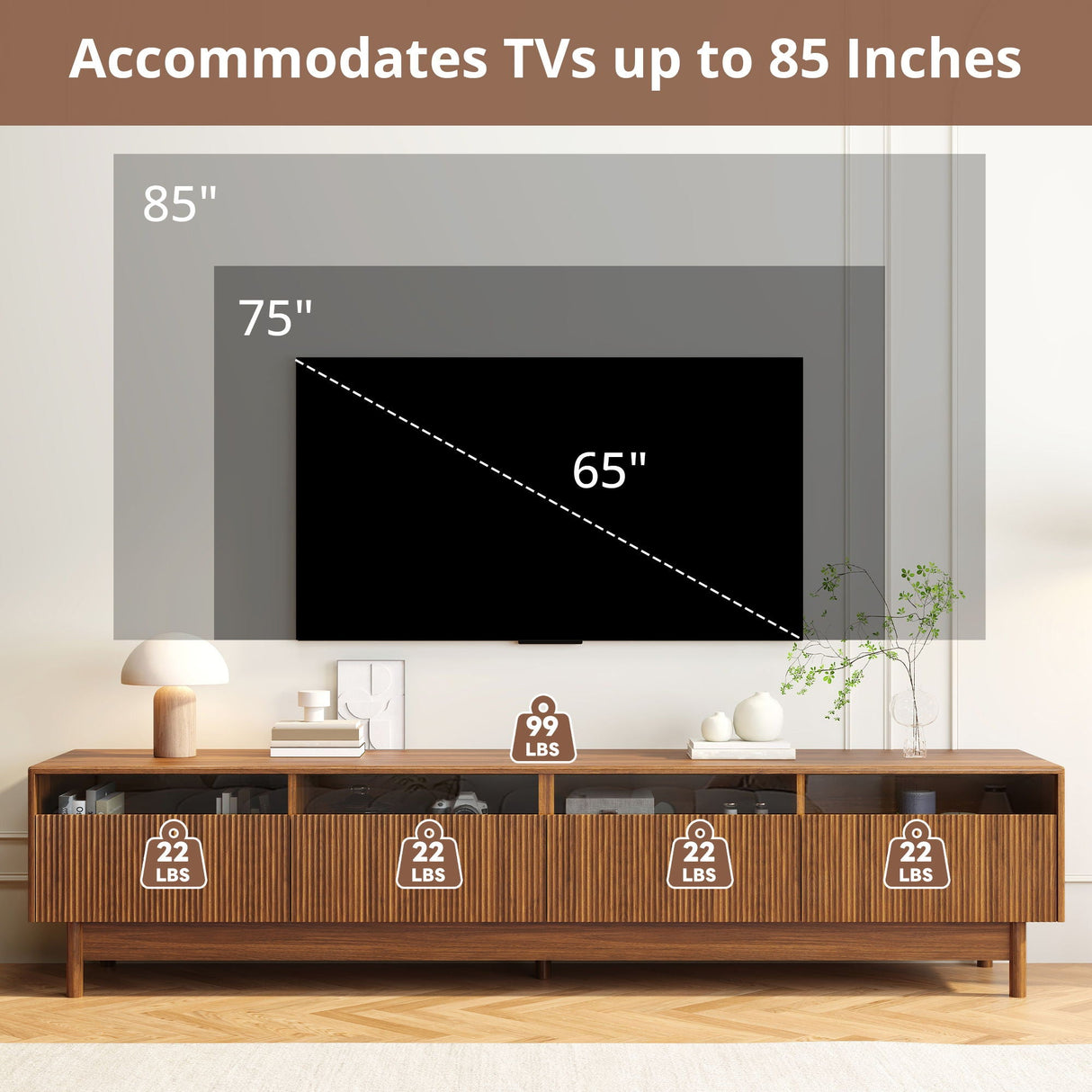 TV Stand, Entertainment Center With Fluted Drawers For Living Room - Walnut