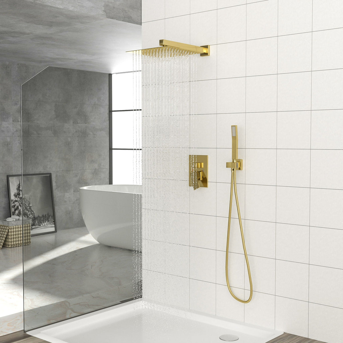 Dual Shower Head System with 12" Square Rain Shower and Valve - Black, Gray, Pearl Silver, Gold