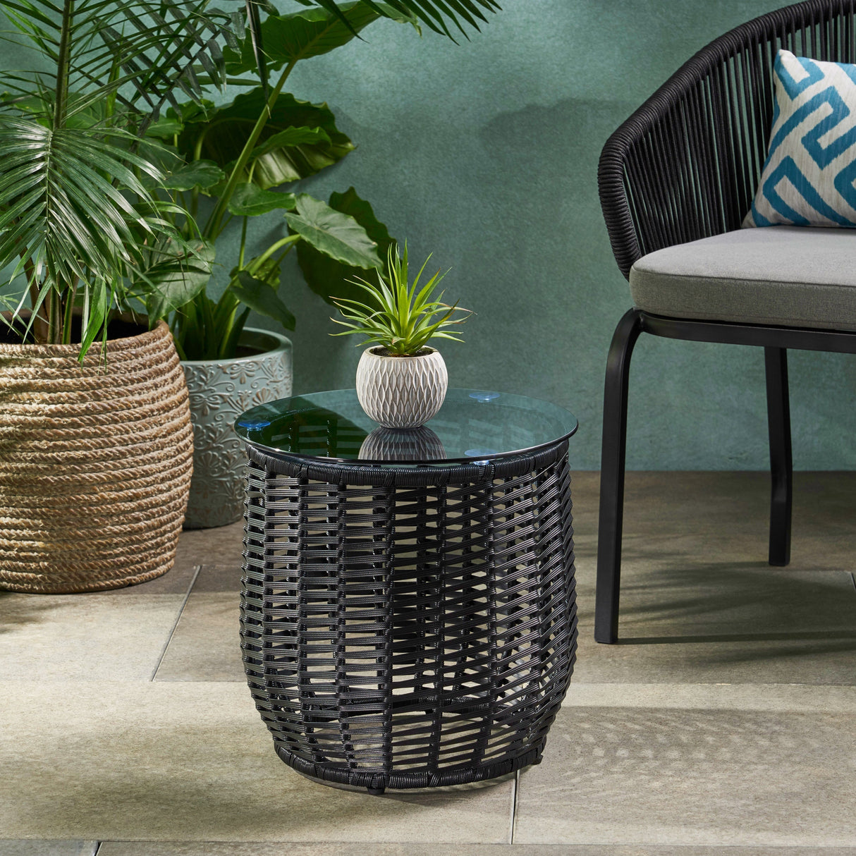 Boho ARIAS Side Table with Tempered Glass Top and Rattan Wrap, Black, 15.5 inches