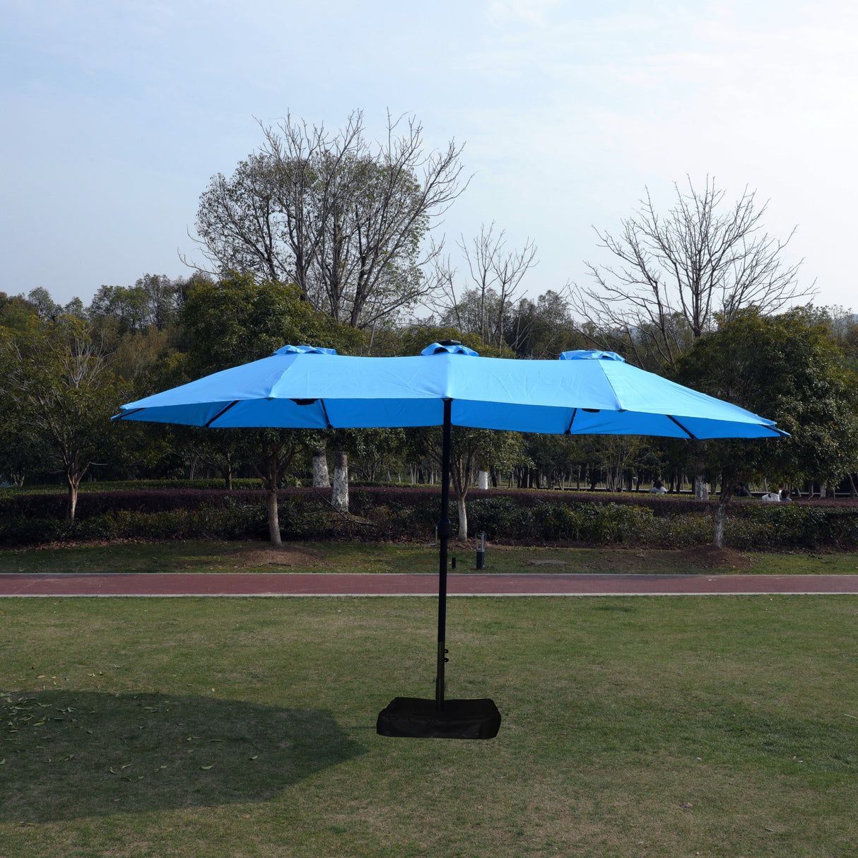 15 x 9 ft Double-Sided Outdoor Market Umbrella with Lights and Base – Blue