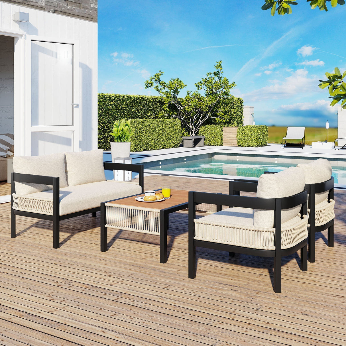 Multi-Person Outdoor Iron Sofa Set with Rattan Decoration