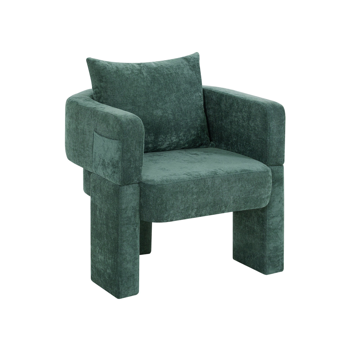 Modern 3-Leg Chenille Accent Chair with Ergonomic Arms & Removable Pillow, Dark Green