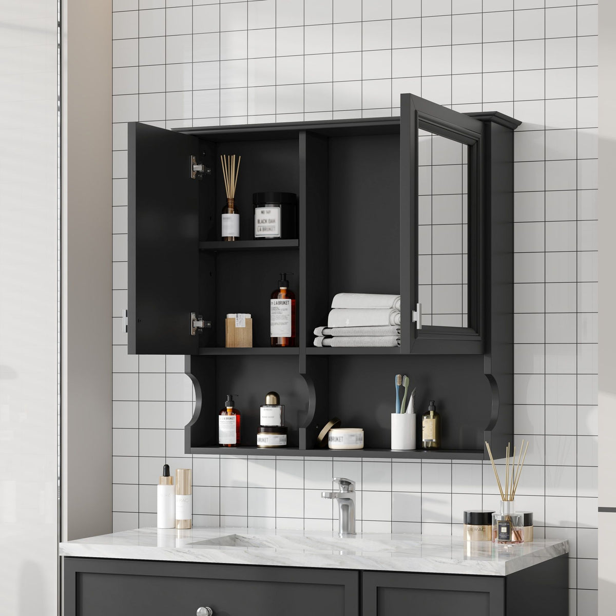 Wall Mounted Mirror Medicine Cabinet with Soft-Close Doors and Open Shelves - Black or White