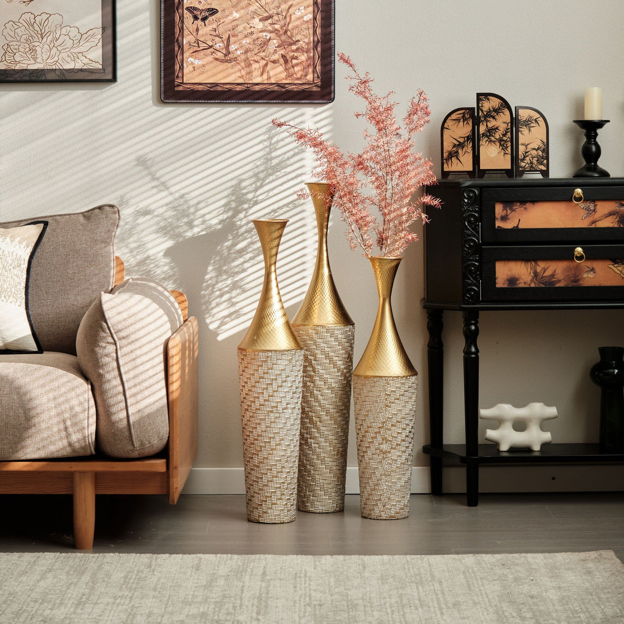 Floor Metal Vase Modern Style Decoration Home Woven Pattern Metal Vase 3 Piece Set Gorgeous Home Decoration Large Glazed Metal Vase - Champagne